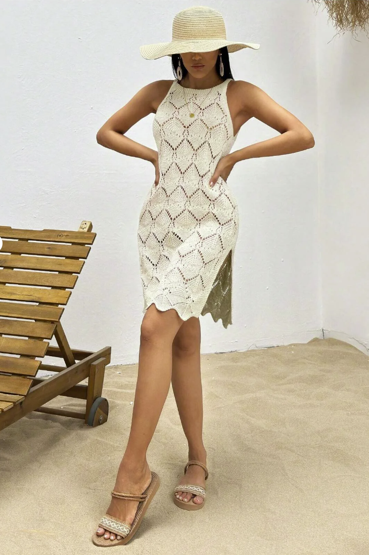 Model wearing beige bohemian knit dress styled with belt – SHAÉN