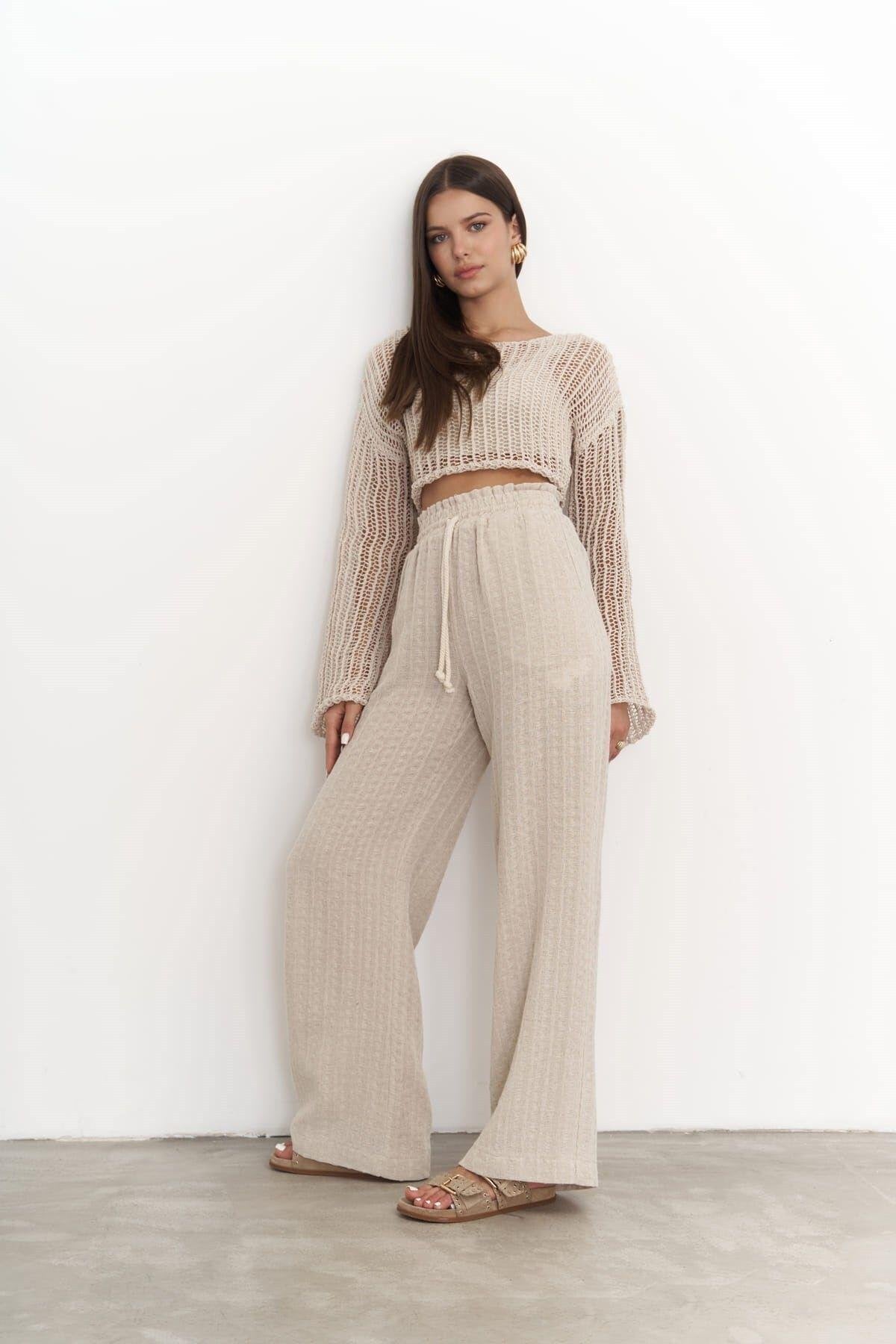 Noelle — Beige Cotton Blend Wide-Leg Pants