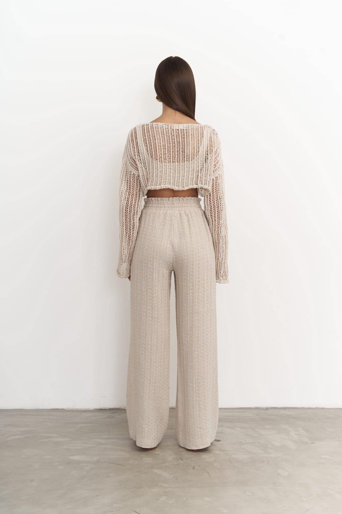 Noelle — Beige Cotton Blend Wide-Leg Pants
