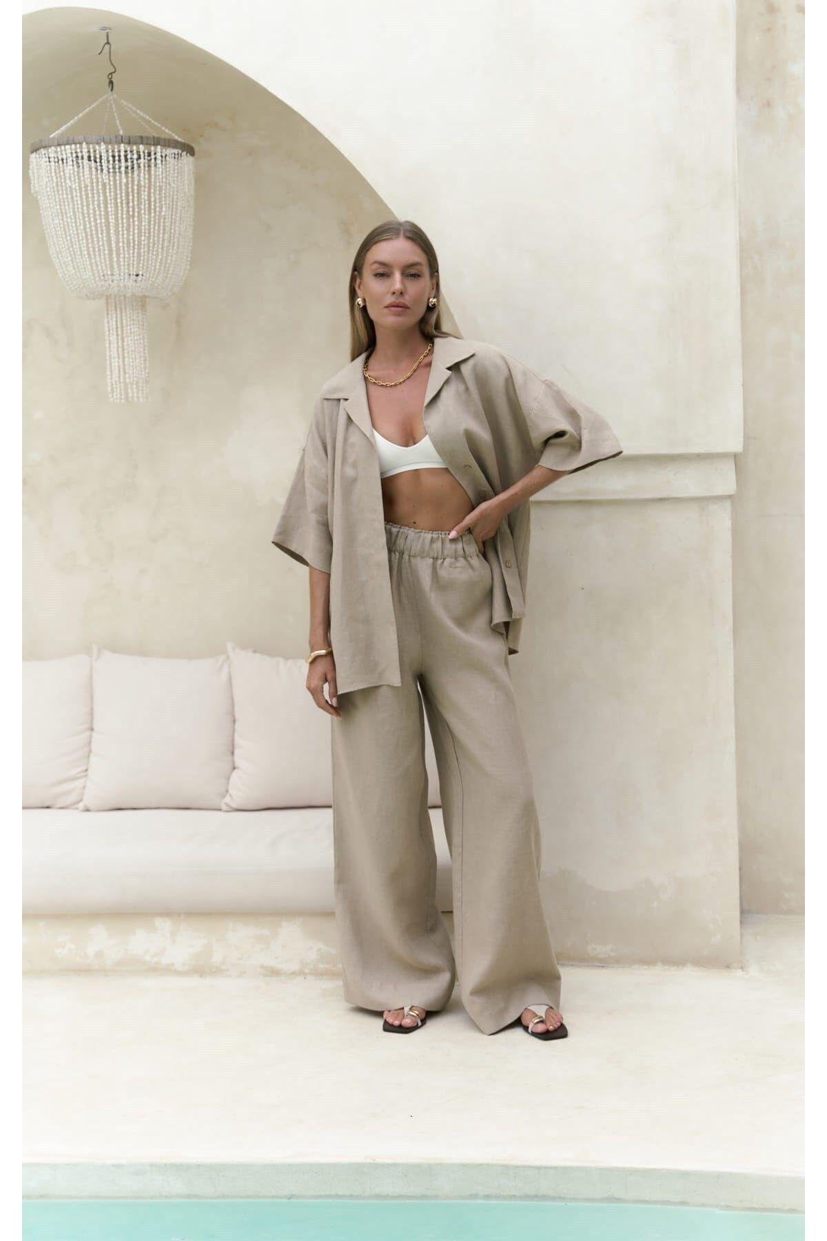 Two-Piece Linen Set – Oversized Shirt & Wide-Leg Pants