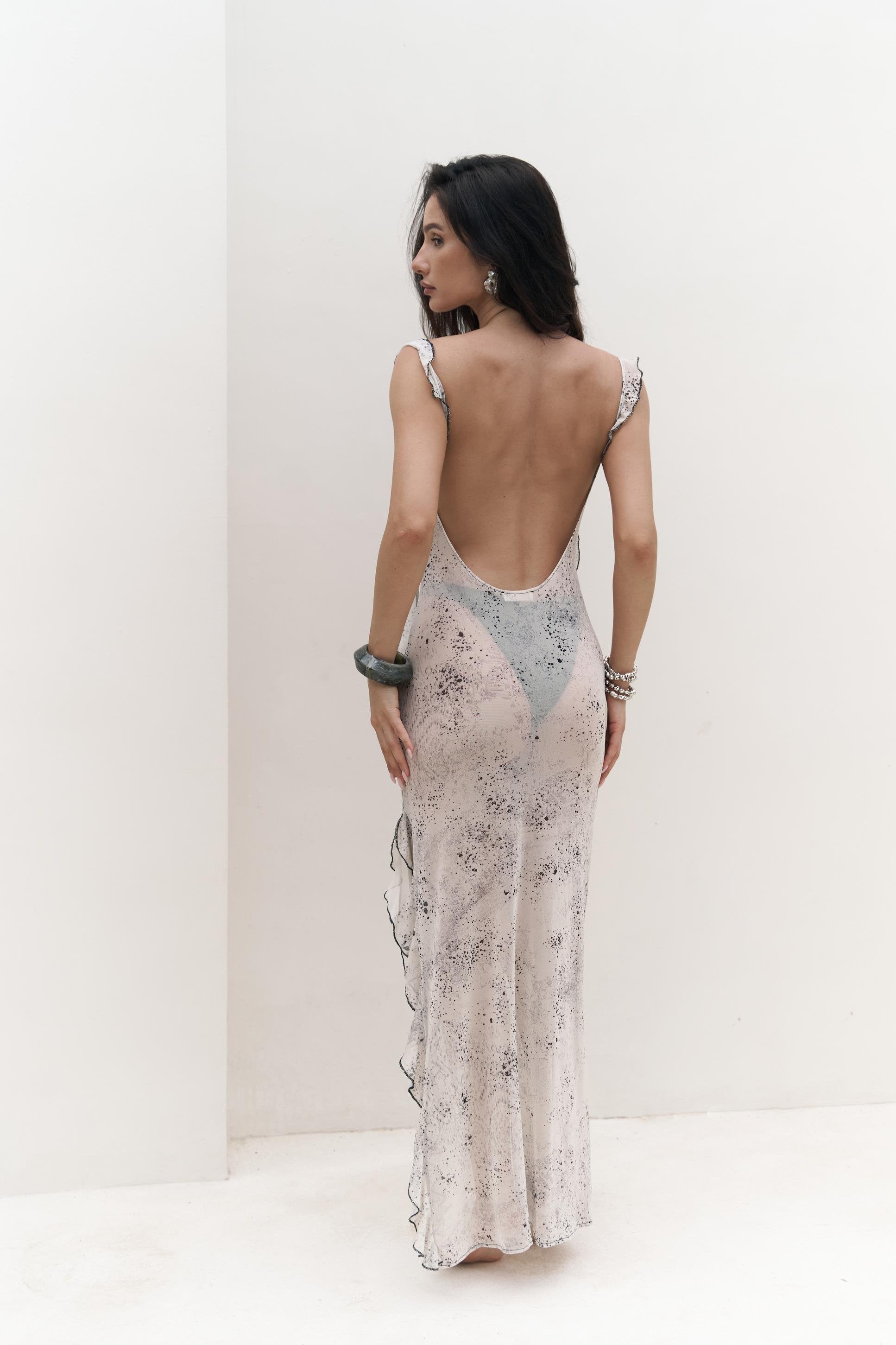 Back view of transparent camouflage maxi cover-up dress Naiara – beachwear elegance