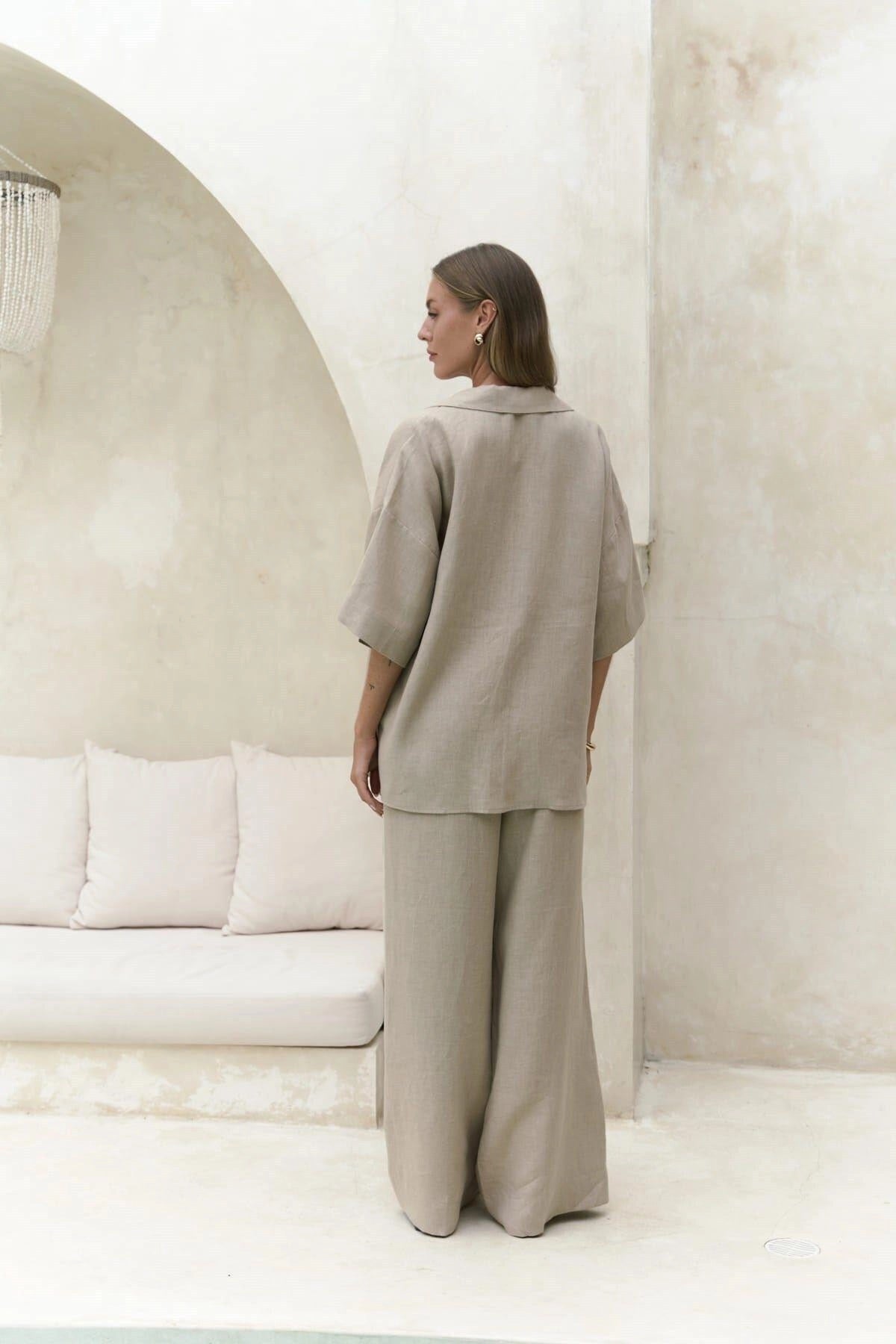 Two-Piece Linen Set – Oversized Shirt & Wide-Leg Pants