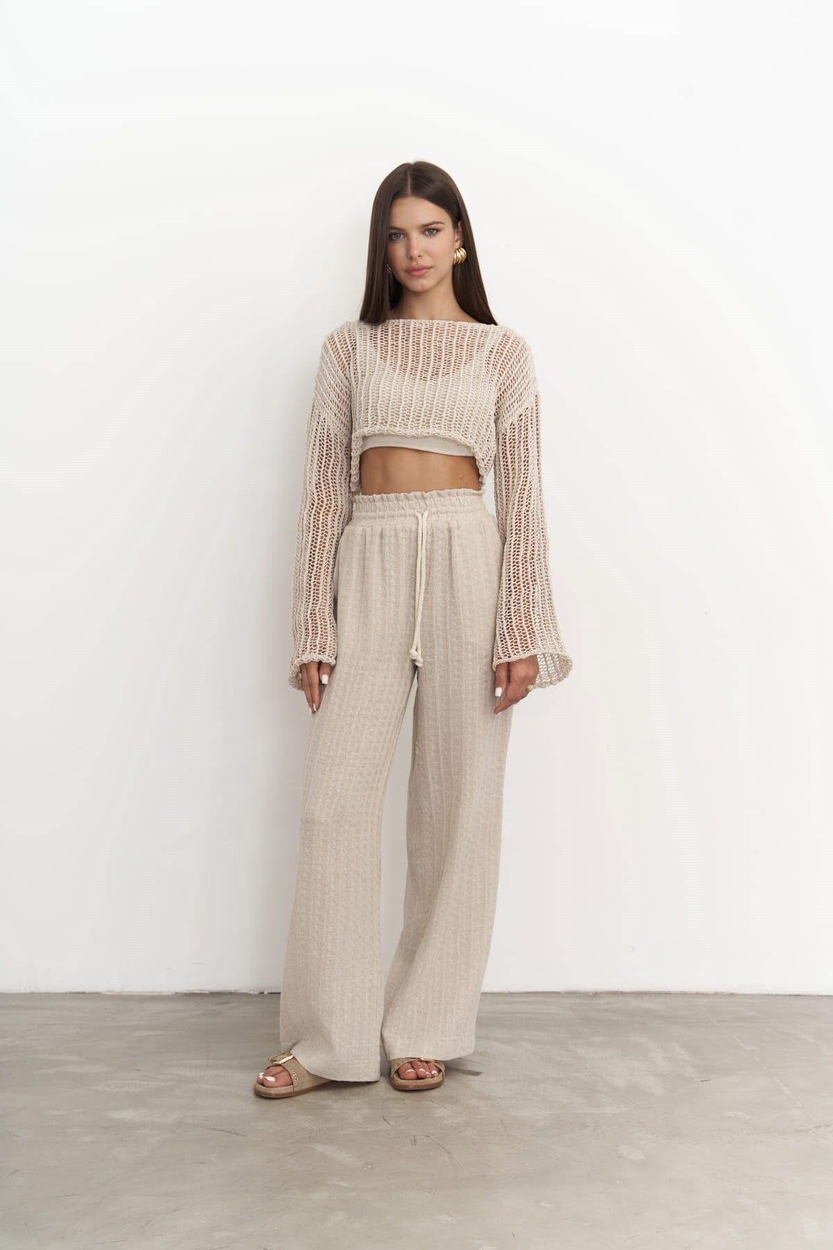 Noelle — Beige Cotton Blend Wide-Leg Pants