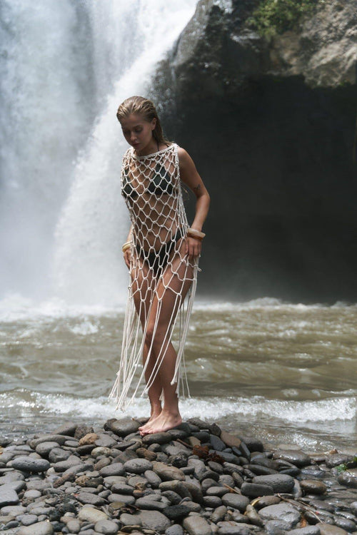 Arla sheer mesh beach dress worn over bikini – transparent cover-up