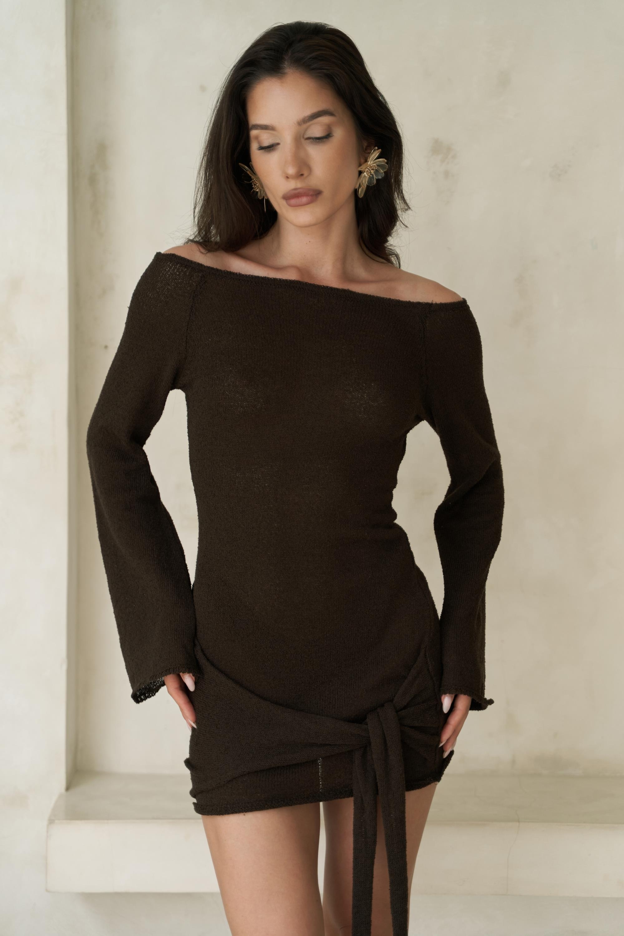 Elaya Sheer Knit Mini Dress with Boat Neck