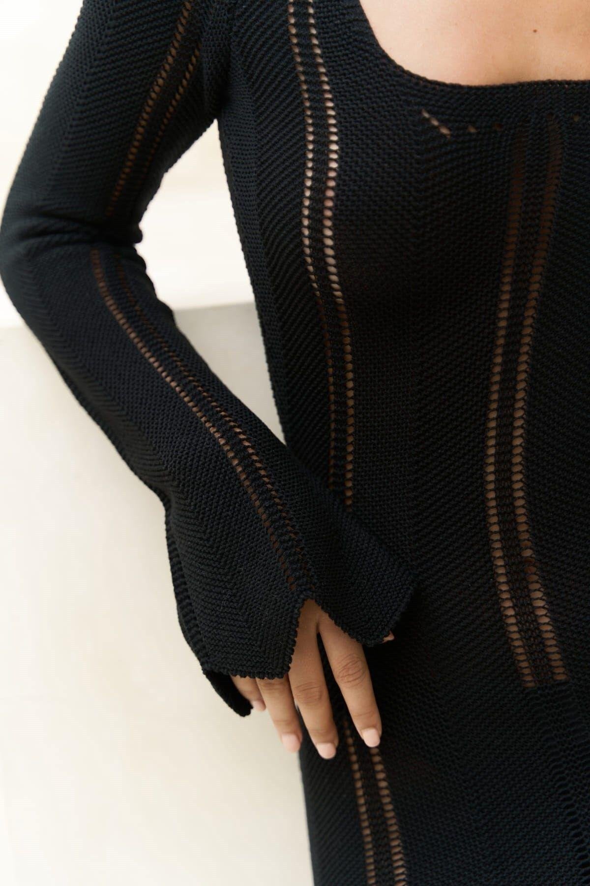 Siena — Open Knit Maxi Dress in Beige & Black