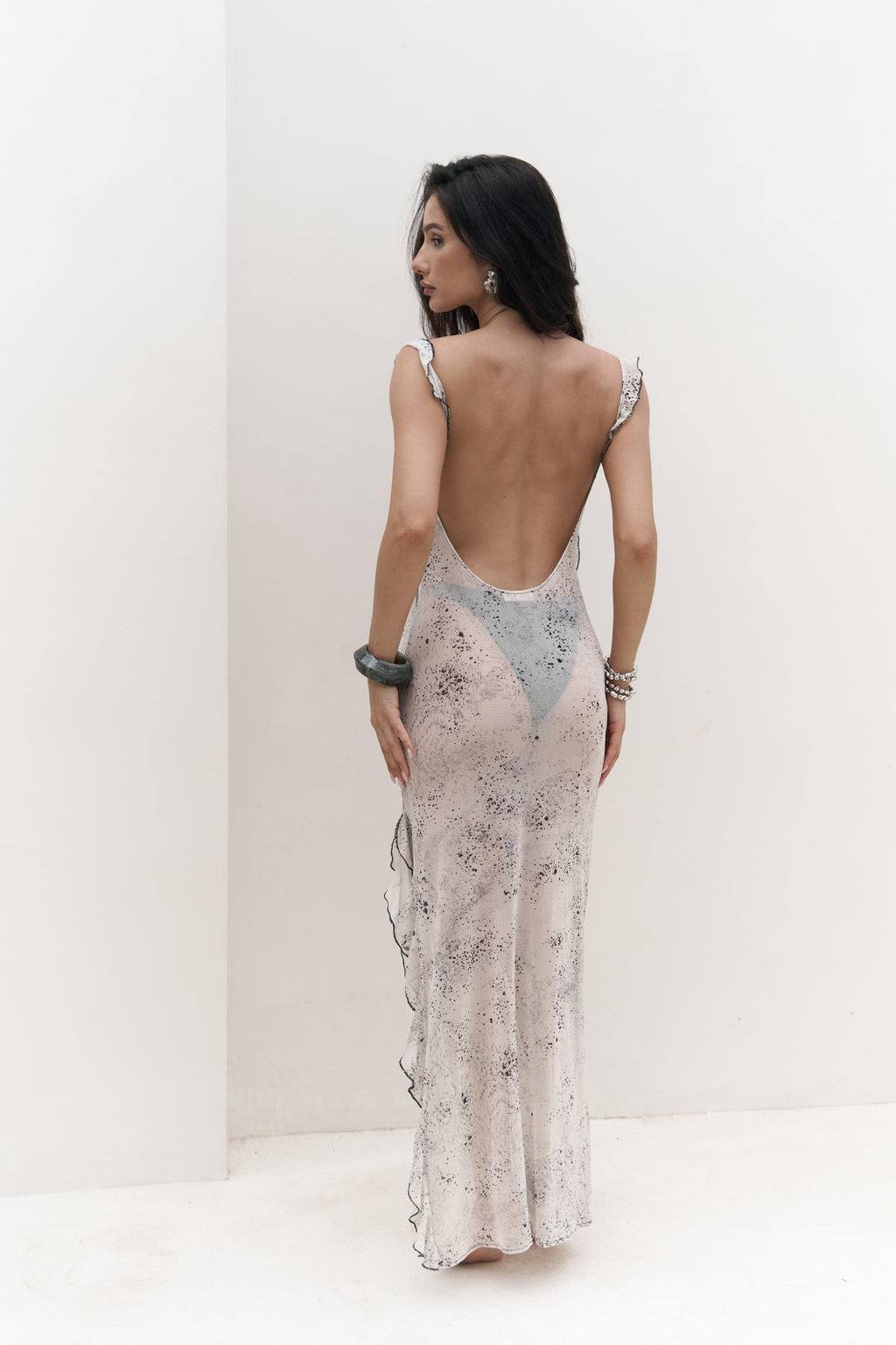 Back view of transparent camouflage maxi cover-up dress Naiara – beachwear elegance
