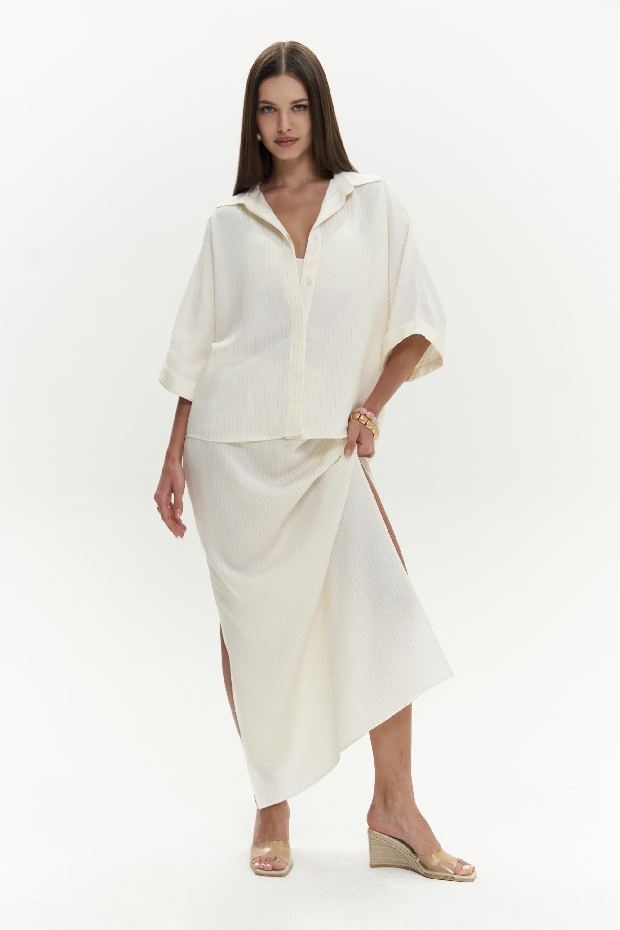 Tencel Striped Co-Ord Set in Ivory
