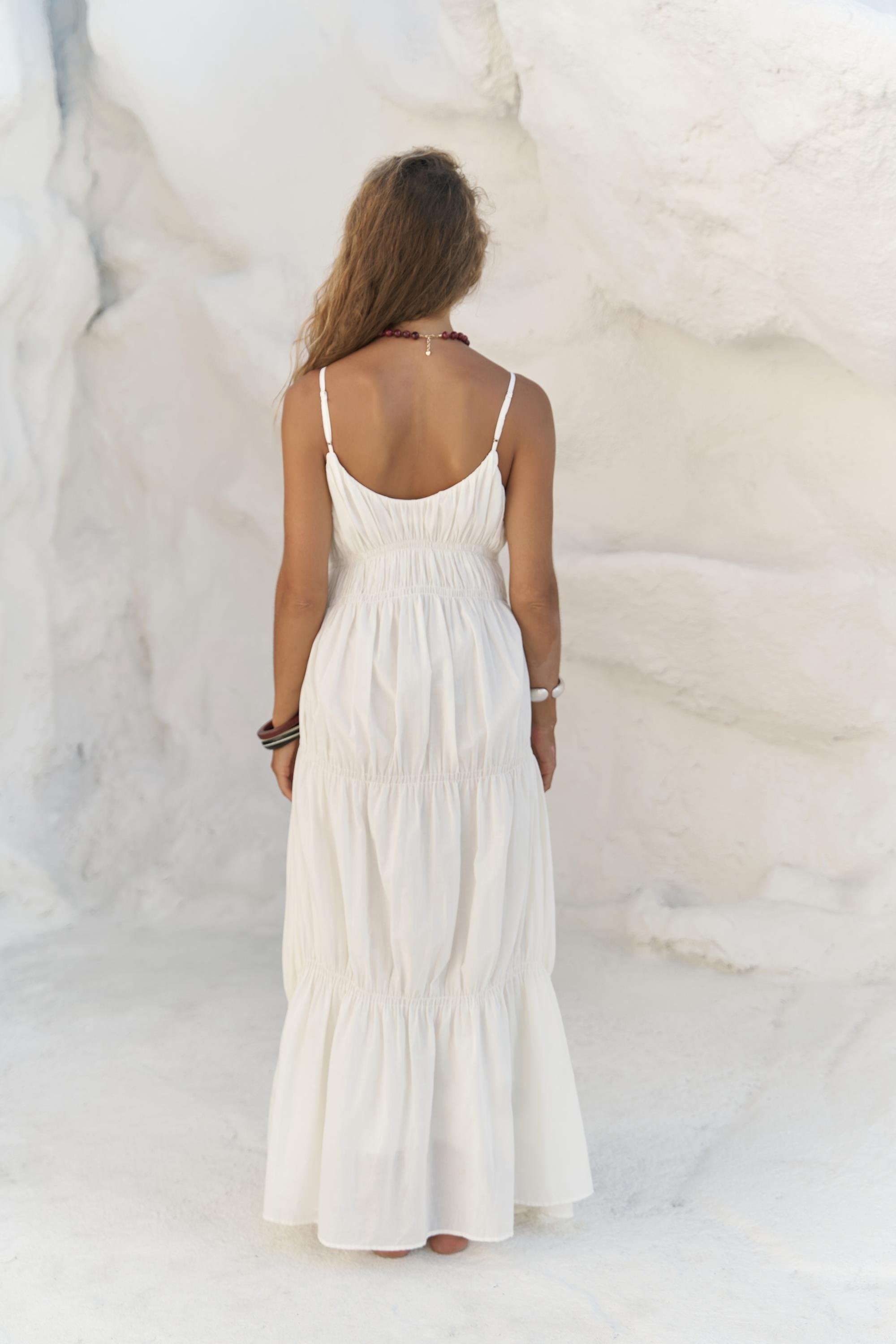 Bohemian summer dress with spaghetti straps and gathered skirt