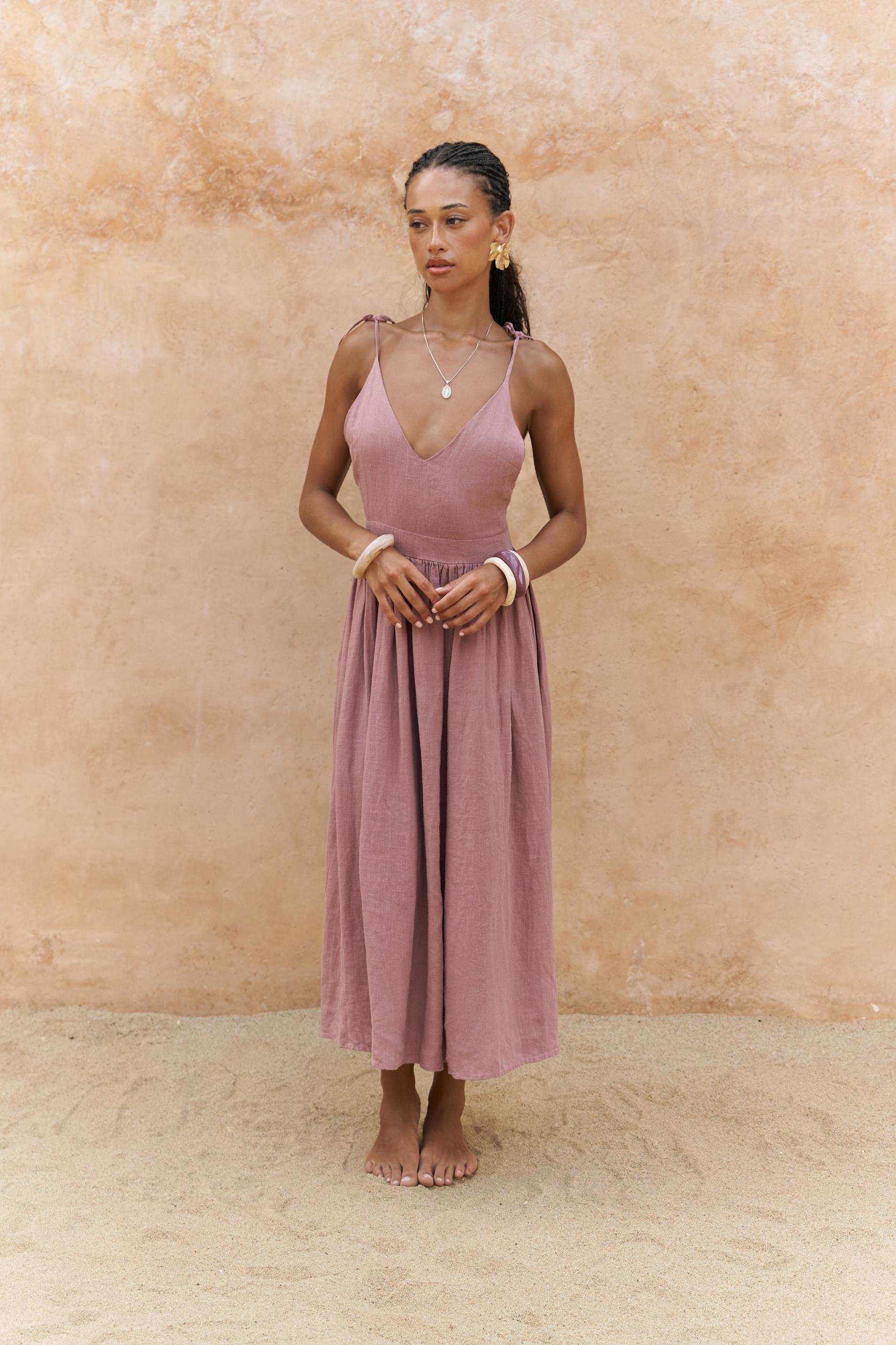 Flowy summer linen midi dress in rose color