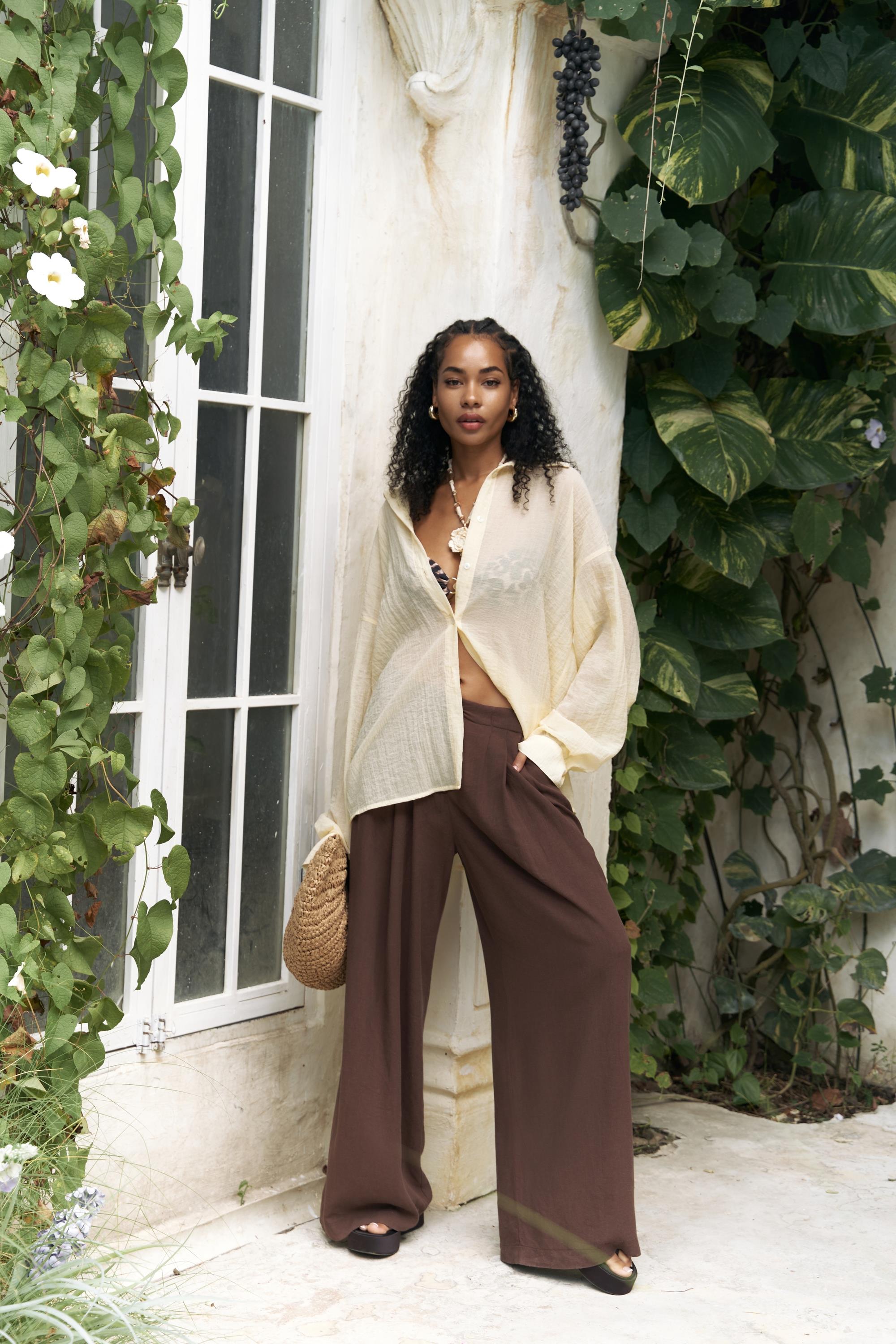 Brown wide-leg linen-viscose palazzo pants – SHAÉN