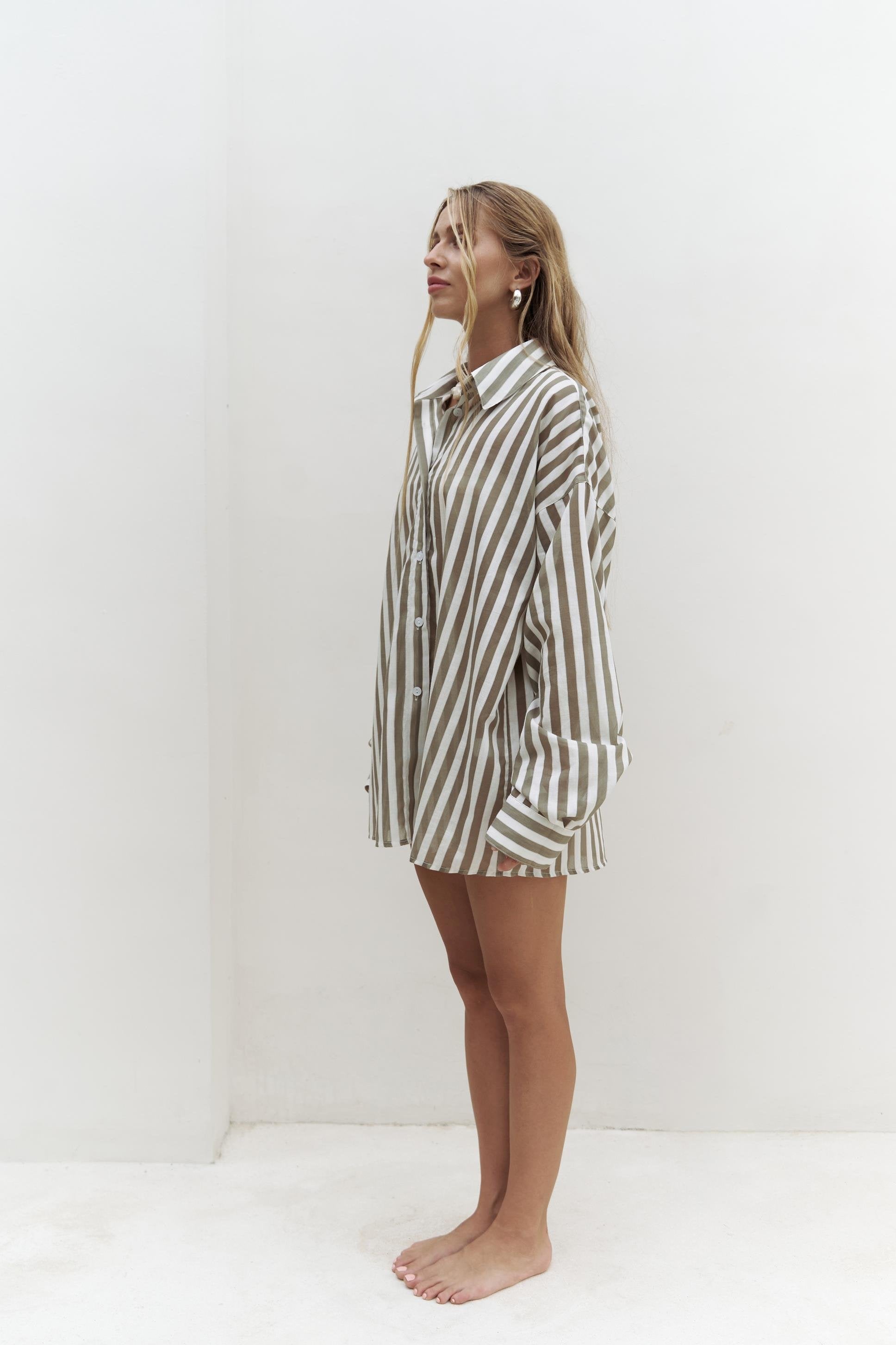 Long-sleeve cotton striped shirt in khaki – SHAÉN EASE Collection