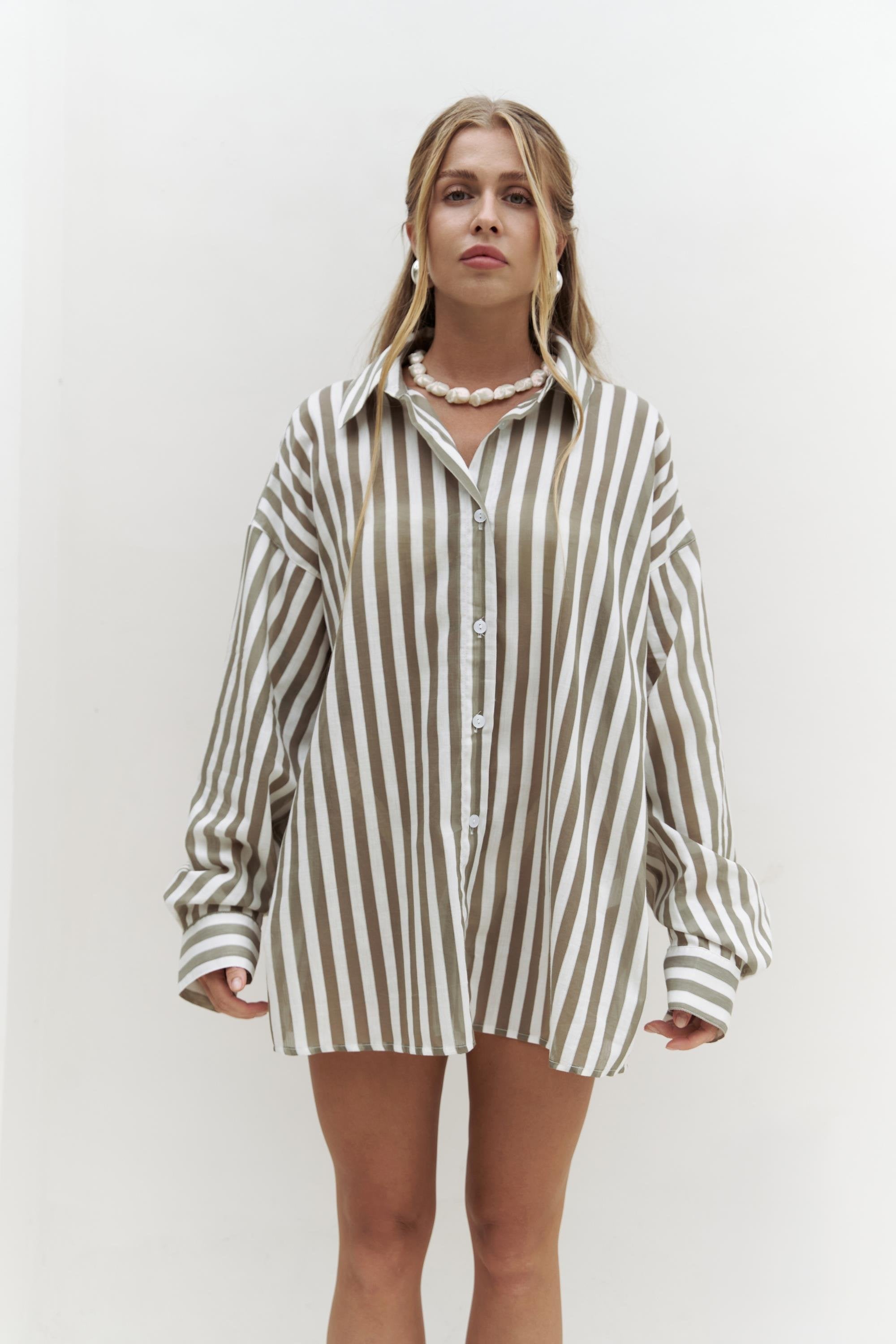 Long-sleeve cotton striped shirt in khaki – SHAÉN EASE Collection