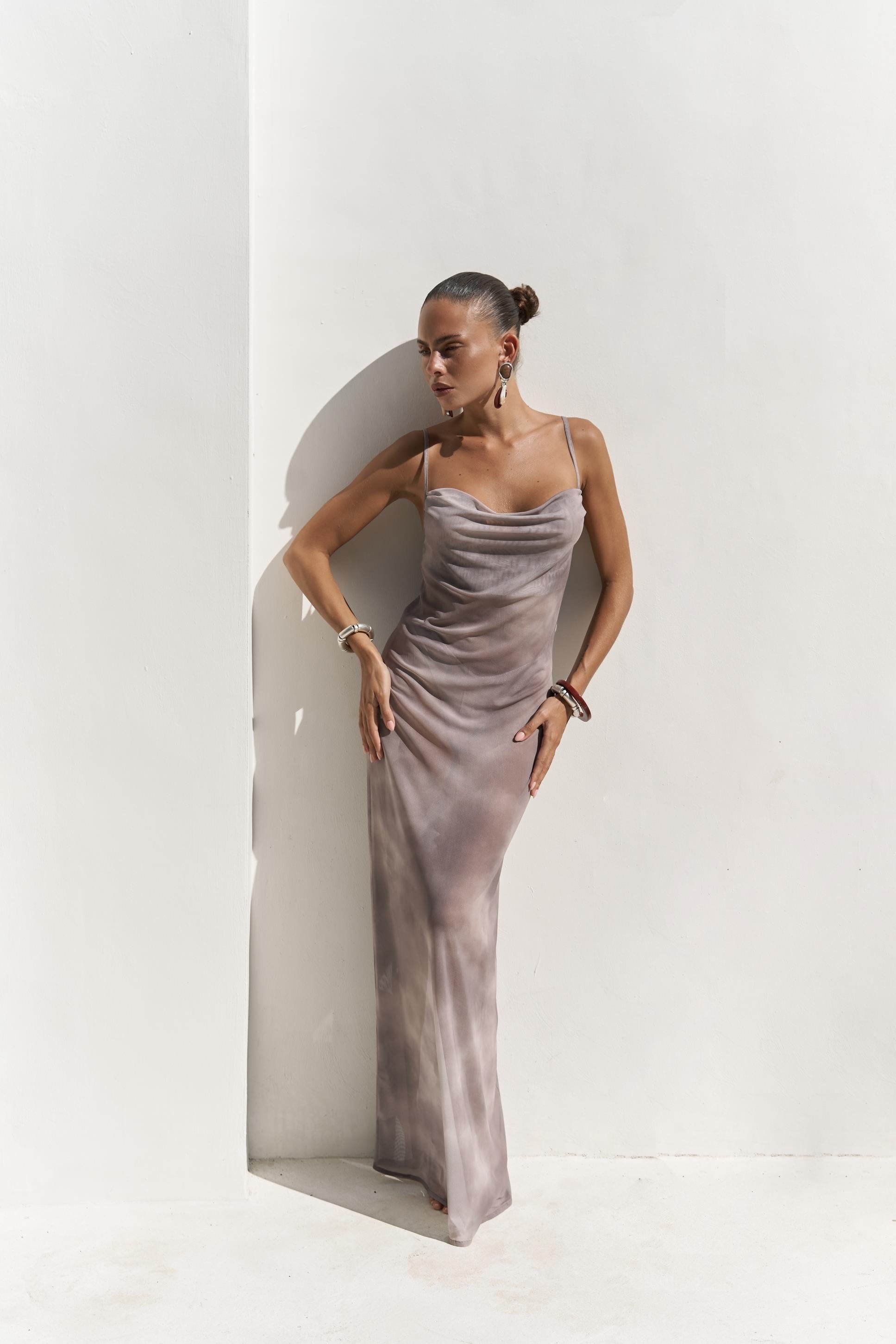Elowen — Cowl-Neck Marble Slip Dress