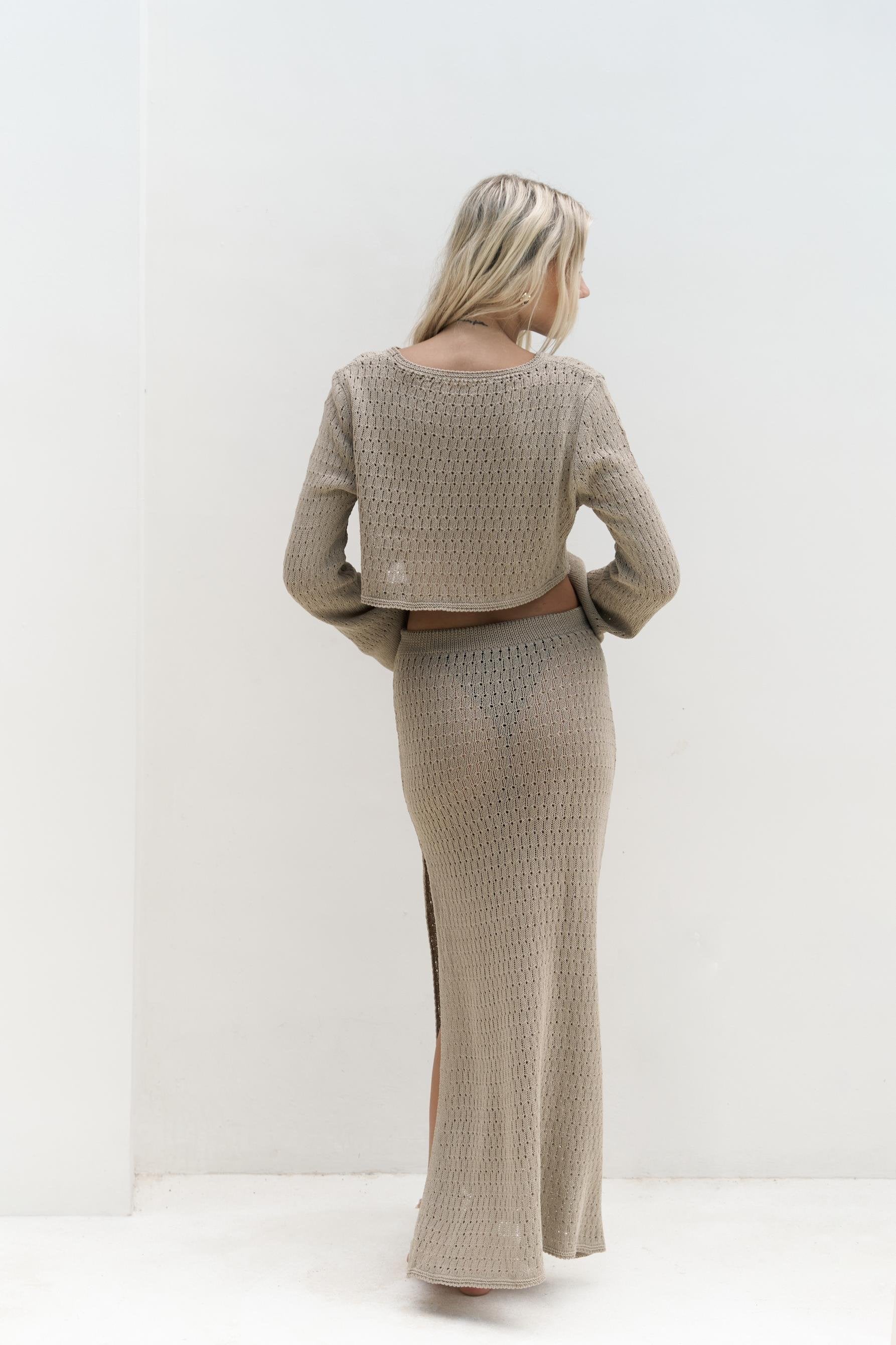 Taupe knit co-ord set with crop top and wide-leg pants – SHAÉN